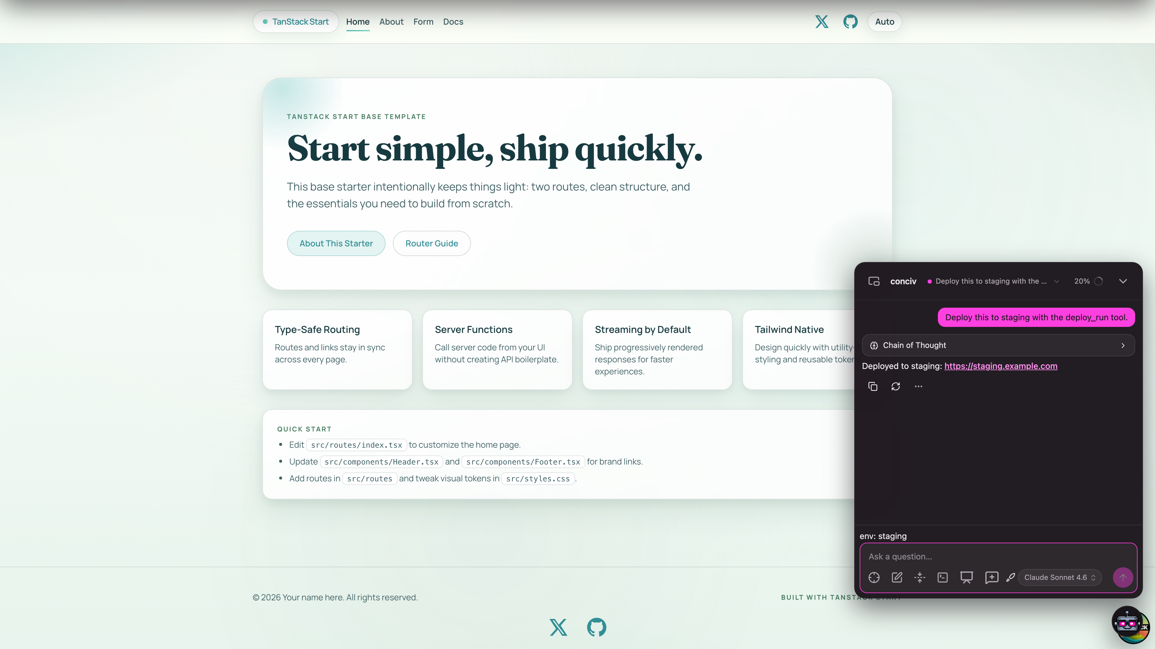 The agent deployed to staging through the custom deploy_run tool